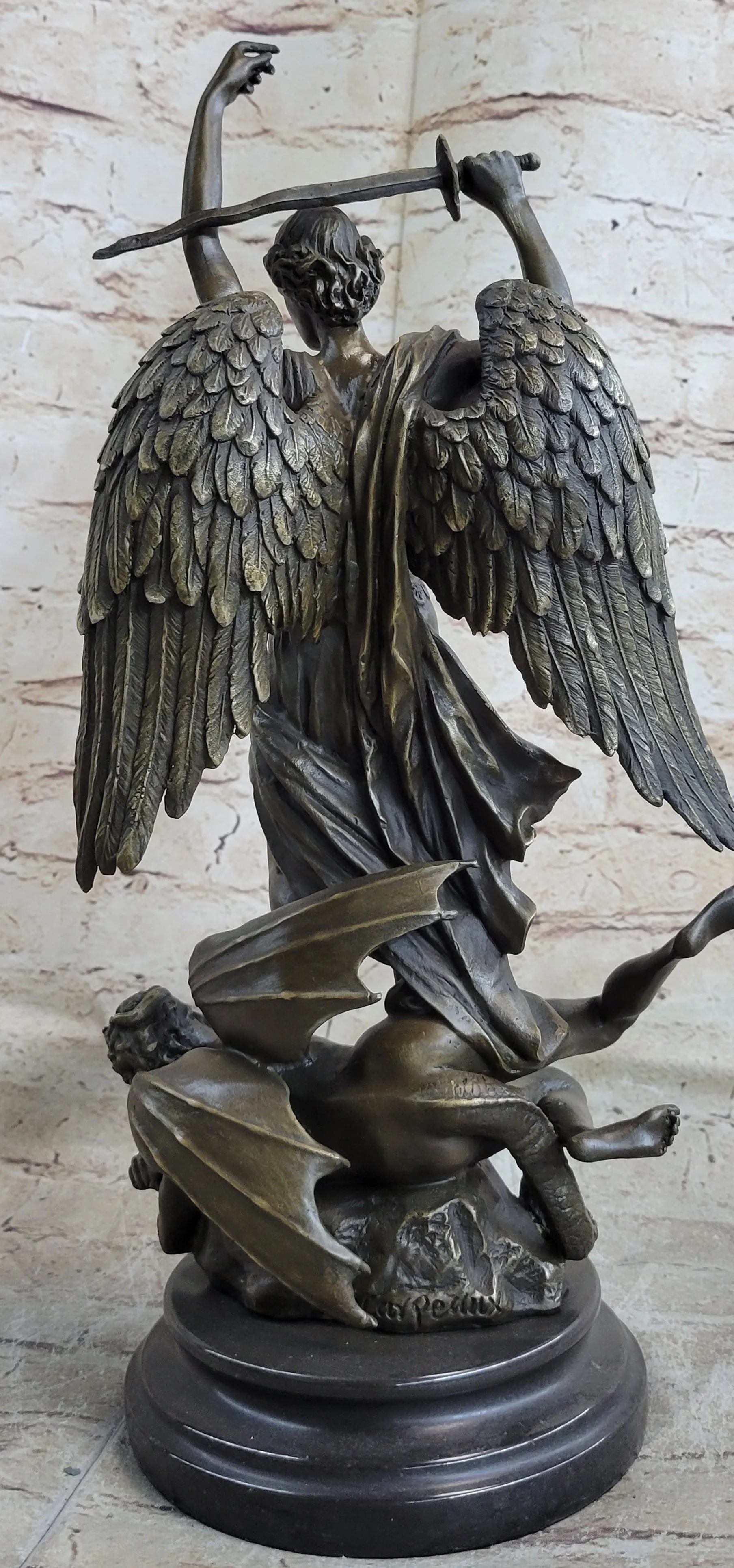 Signed Carpeaux Good Vs Evil Angel Striking Devil Bronze Marble Sculpture Statue