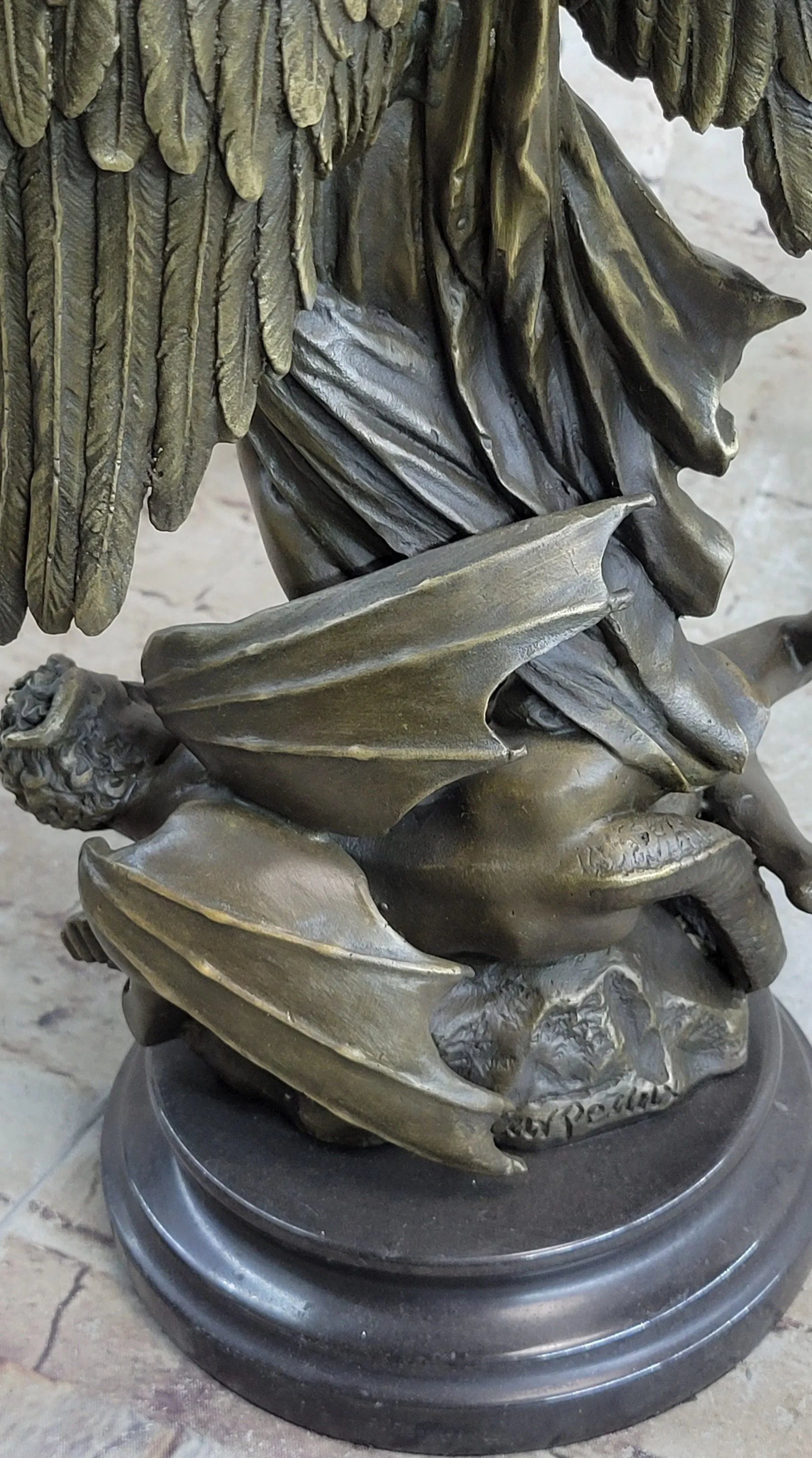 Signed Carpeaux Good Vs Evil Angel Striking Devil Bronze Marble Sculpture Statue