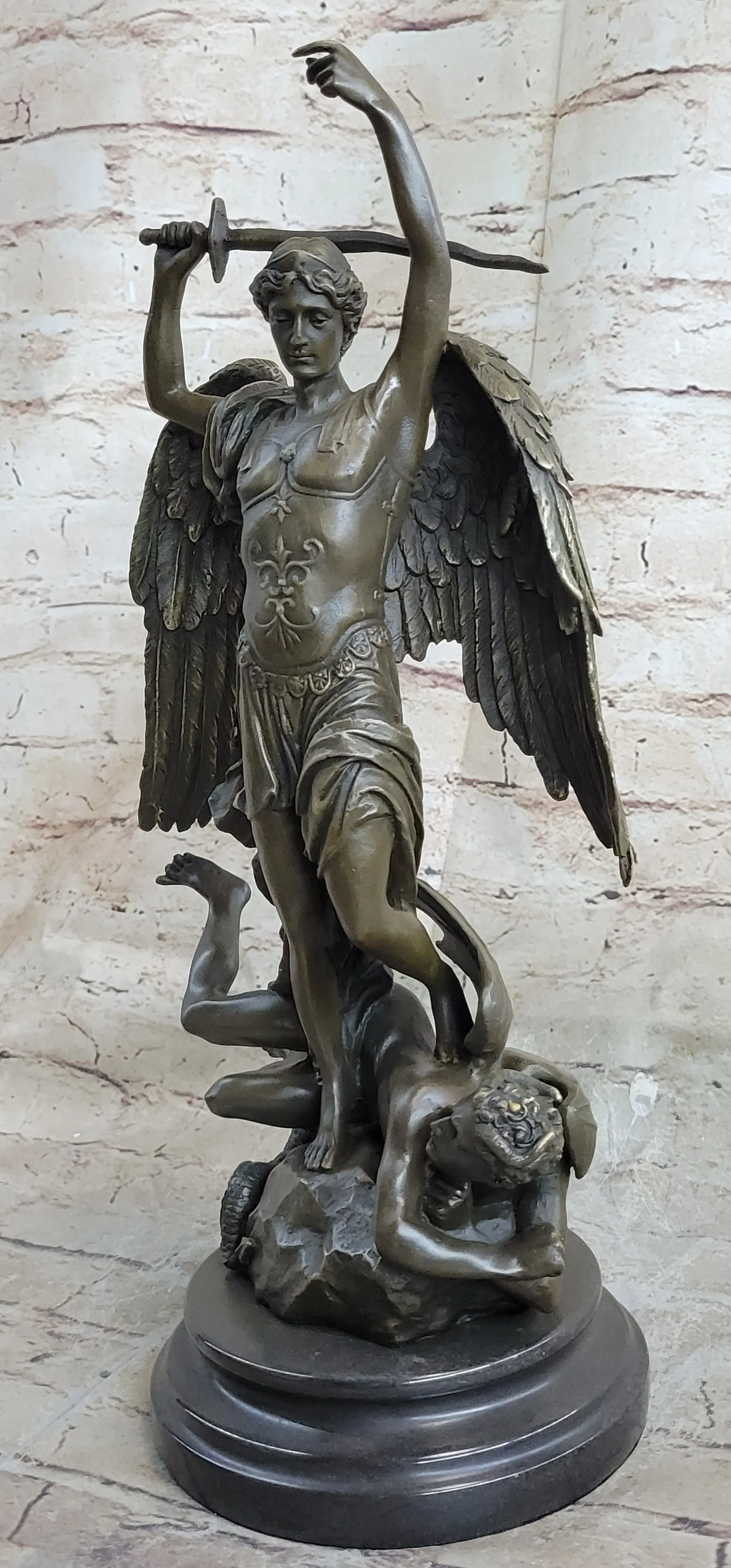 Signed Carpeaux Good Vs Evil Angel Striking Devil Bronze Marble Sculpture Statue