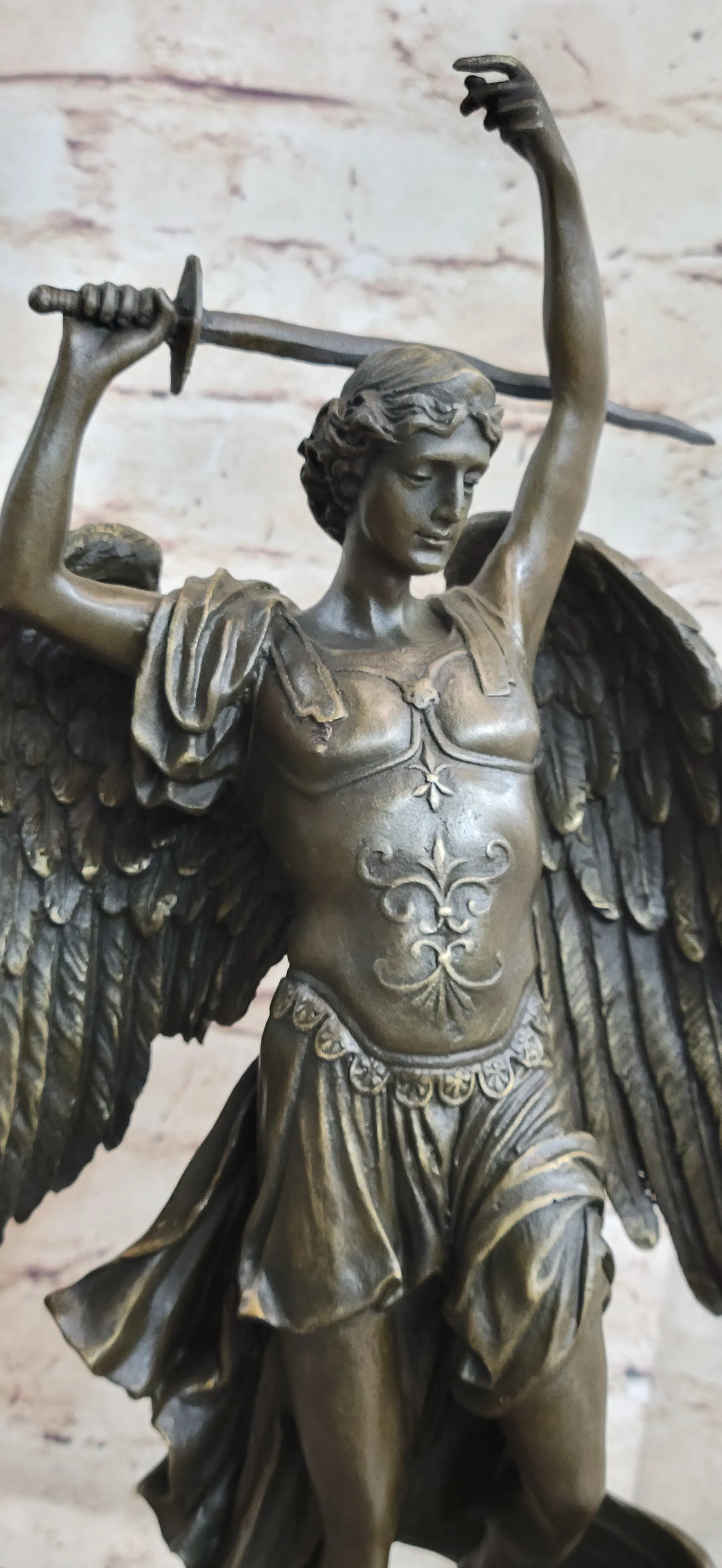 Signed Carpeaux Good Vs Evil Angel Striking Devil Bronze Marble Sculpture Statue