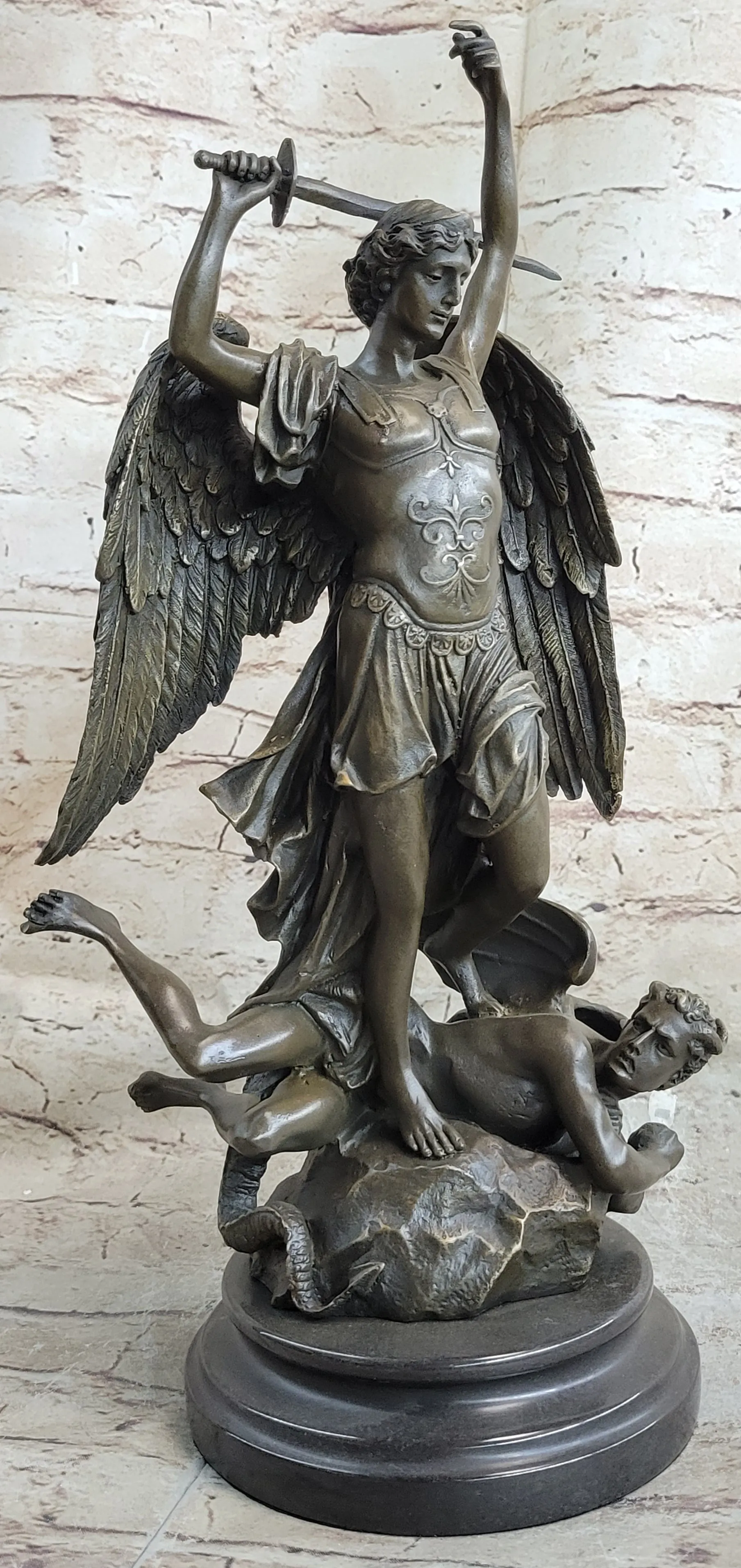 Signed Carpeaux Good Vs Evil Angel Striking Devil Bronze Marble Sculpture Statue