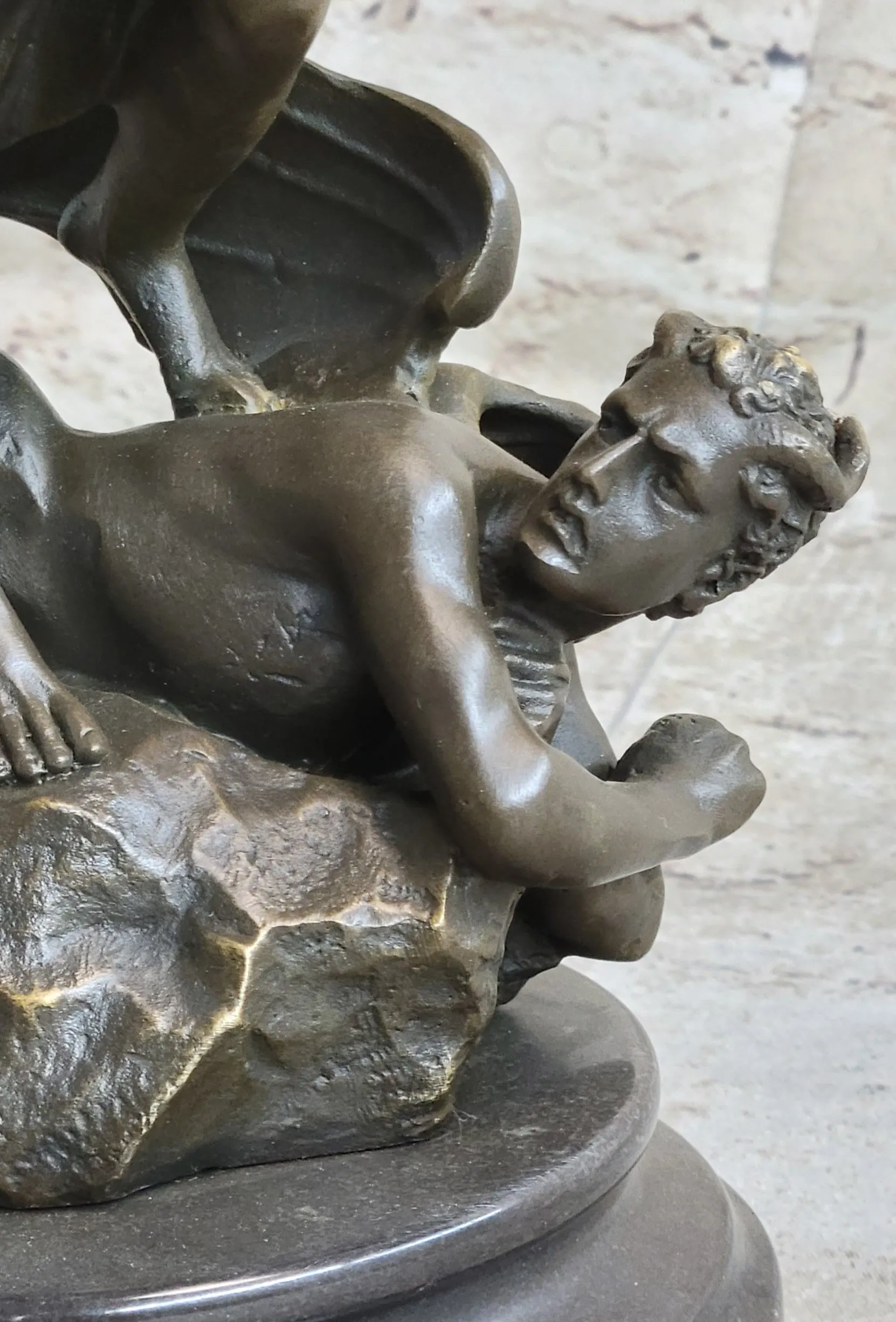 Signed Carpeaux Good Vs Evil Angel Striking Devil Bronze Marble Sculpture Statue