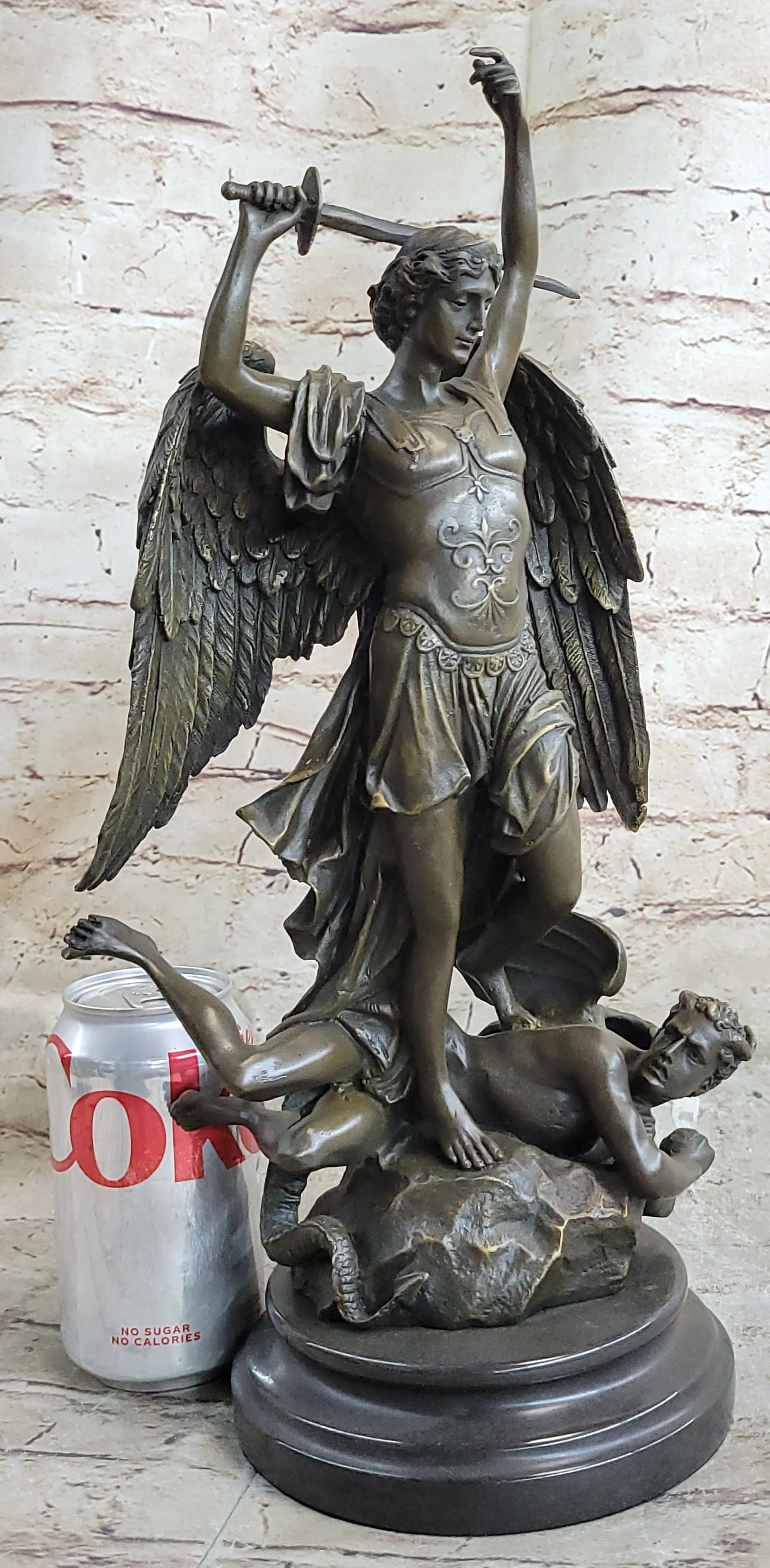 Signed Carpeaux Good Vs Evil Angel Striking Devil Bronze Marble Sculpture Statue